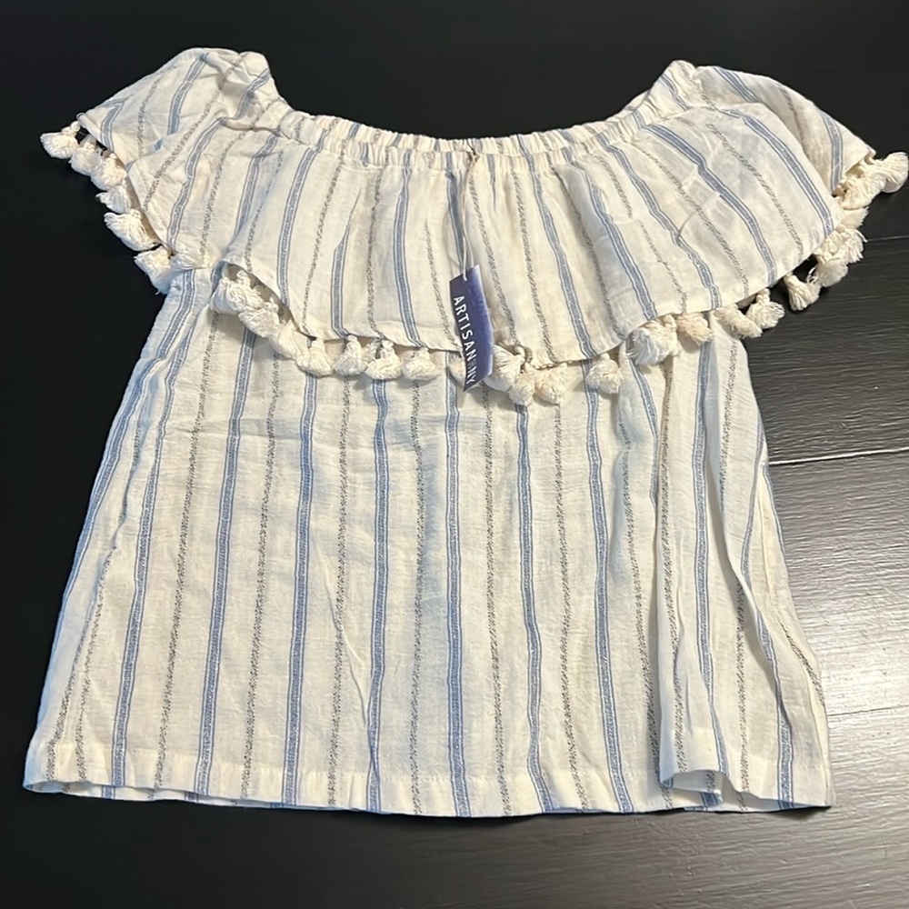 Artisan NY Women Striped Off The Shoulder Tassel Ruffle Top Blue White Small NWT